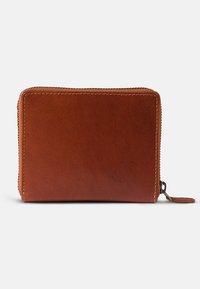 Brown leather wallet with a textured finish, rectangular shape, zip closure, and cream stitching along the edges. Small leather pull tab.