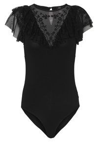 Czarny body z przezroczystym, haftowanym tiulowym karczkiem i marszczonymi rękawami z tiulu, z wycięciem na plecach i dopasowanym krojem.