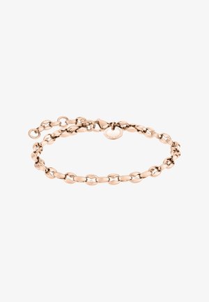 Bracelet en or rose avec des maillons ovales, un fermoir sécurisé et une petite étiquette avec un logo, mettant en valeur une finition lisse et polie.