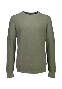 Langärmliger, olivgrüner, strukturierter Strickpullover mit Rundhalsausschnitt und gerippten Bündchen und Saum.