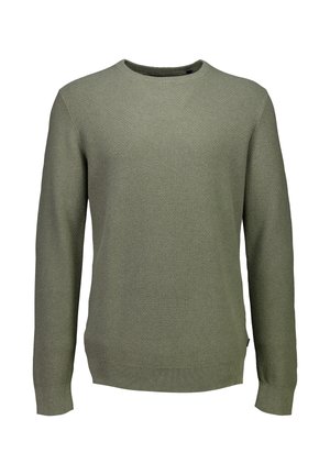 Suéter de punto texturizado verde oliva de manga larga con cuello redondo y puños y dobladillo acanalados.