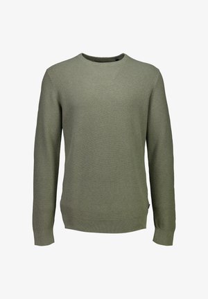 Olijfgroene gebreide trui met lange mouwen, een ronde halslijn en geribde boorden en onderkant.