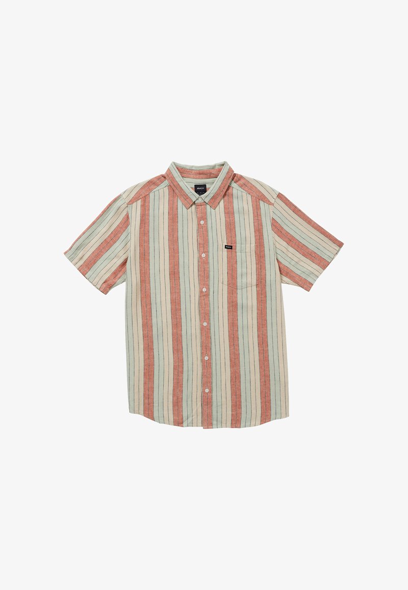Chemise à manches courtes avec boutons, ornée de rayures verticales rouges, beiges et vertes. Fabriquée dans un tissu léger et dotée d'une poche poitrine.