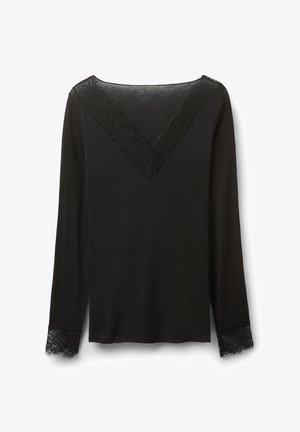 Black long-sleeve top with V-shaped lace trim at neckline and lace details at sleeve cuffs, displayed on a white background.