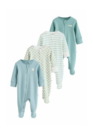 Patru pijamale de bebeluși cu picior în culori pastelate albastre și verzi, cu fermoar, având modele uni, dungi și în carouri.