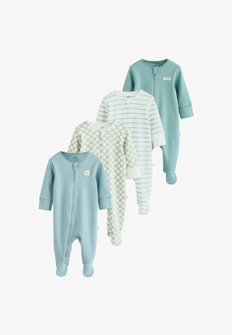 Quatre pyjamas pour bébé à pieds, en bleu pastel et vert, avec fermeture éclair, présentant des motifs unis, rayés et à carreaux.