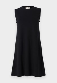 Svart ärmlös klänning i mjukt tyg, med rund halsringning och A-linjeform, utan några ytterligare mönster eller detaljer.