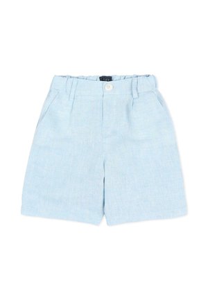 Jasnoniebieskie krótkie spodenki dla malucha z elastycznym paskiem, szlufkami na pasek, kieszeniami bocznymi, zapięciem na guzik z przodu i suwakiem.