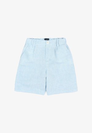Lichtblauwe peutershorts met elastische tailleband, riemlussen, zijzakken, knoop aan de voorkant en ritssluiting.