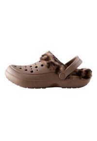 Brown plastic clog with a faux fur leopard print trim, open back, ventilation holes, and a side strap for secure fit.
