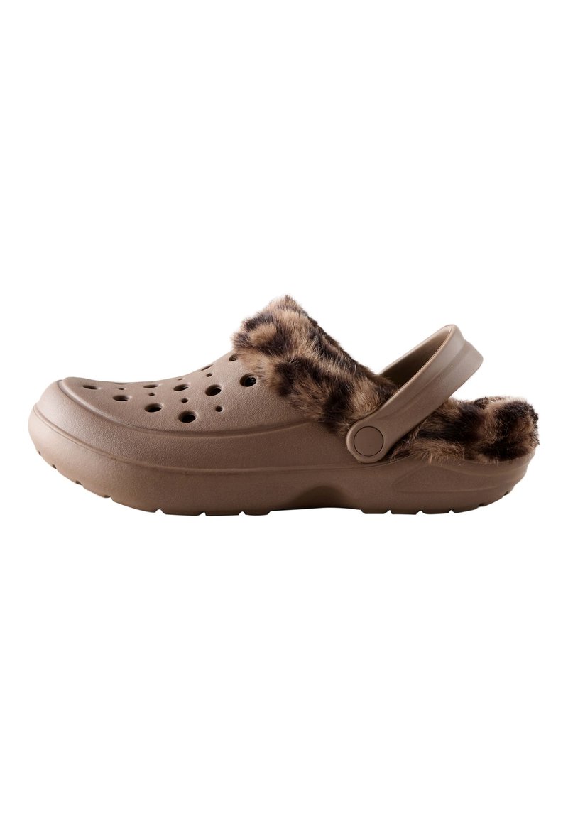 Brown plastic clog with a faux fur leopard print trim, open back, ventilation holes, and a side strap for secure fit.