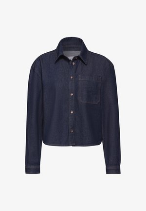 Dunkelblaus Denimhemd mit Knopfverschluss auf der Vorderseite, Kragen, langen Ärmeln, einer einzelnen Brusttasche und sichtbaren Zierstichen. Verkürztes Design.