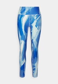 Leggings sportivi blu con un audace motivo astratto a linee bianche. Realizzati in materiale elastico con una vita alta. Texture liscia, lunghezza completa.