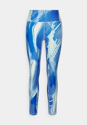 Blaue Sportleggings mit einem auffälligen, abstrakten weißen Liniendesign. Hergestellt aus dehnbarem Material mit hohem Bund. Glatte Textur, vollständige Länge.