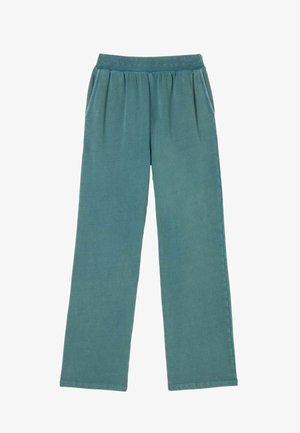 Loose-fitting, elastic waistband trousers in a soft teal fabric. Features two side pockets and a smooth texture throughout.