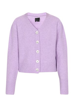 Lavendel strikket cardigan med v-hals, cropped design, fem store hvide knapper samt ribbede manchetter og kant.