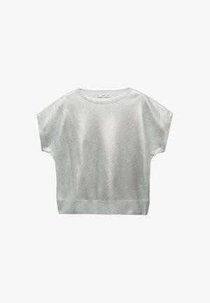 Sølv kortærmet top lavet af et metalisk, reflekterende stof. Har en rund halsudskæring og en let løs, firkantet pasform.