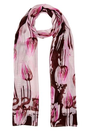 Lichtroze sjaal met donkerbruine en magenta abstracte bloemenpatronen en vloeiende strepen, netjes in het midden in een lus gelegd.