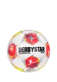 Pallone da calcio bianco con pannelli a forma di stella rossa, accenti gialli e motivi a pois blu. Presenta i loghi "DERBYSTAR" e "BUNDESLIGA".