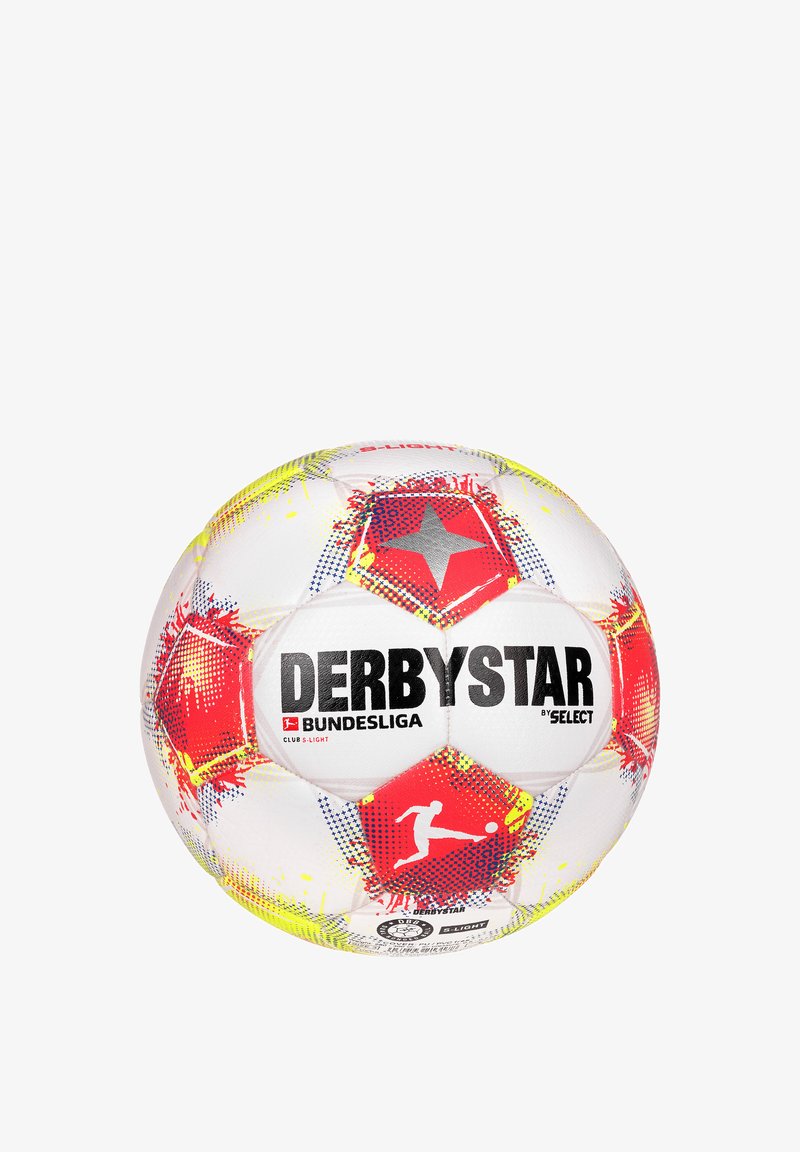 Pallone da calcio bianco con pannelli a forma di stella rossa, accenti gialli e motivi a pois blu. Presenta i loghi "DERBYSTAR" e "BUNDESLIGA".