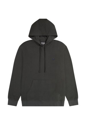 Felpa nera Wrangler con tasca a marsupio frontale, cappuccio con coulisse, polsini a coste e piccolo logo sul petto a sinistra.