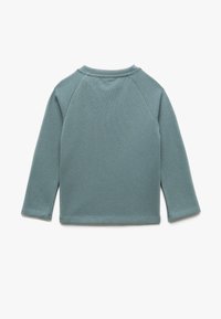 Långärmad tröja med rund halsringning i en dämpad teal-färg, med ribbat mönster och raglanärmar för komfort och flexibilitet.