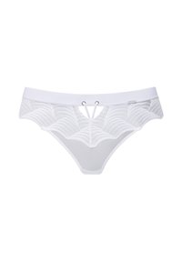 Weißes Spitzen-Tanga mit gewelltem Design, durchsichtigen Details und zwei silberfarbenen Metallakzenten in der Mitte vorne. Weicher Bund.