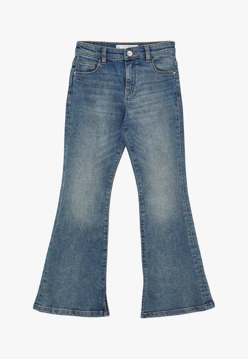 Jeans in denim azzurro chiaro a gamba svasata con design a cinque tasche, chiusura frontale con bottone e leggera sbiaditura sulla trama del tessuto.