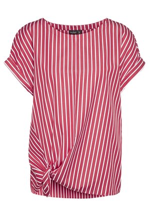 Punavalkoraidallinen lyhythihainen paita, jossa on pyöreä pääntie ja solmuvivahde helman kohdalla. Valmistettu sileästä, kevyestä kankaasta.