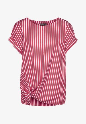 Rød- og hvidstribet kortærmet top med rund halsudskæring og knudedetalje ved kanten. Fremstillet af et glat, letvægtsstof.