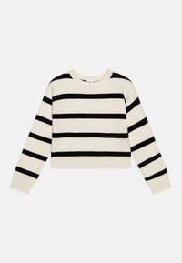 Maglione a righe bianche e nere con scollatura rotonda, maniche a costine e design corto. Tessuto morbido e vestibilità comoda.