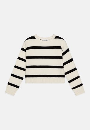 Pull rayé noir et crème avec un col rond, des poignets côtelés et un design court. Texture douce et coupe décontractée.