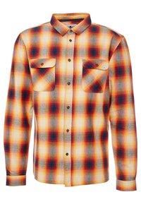 Camisa de cuadros de manga larga con un patrón de cuadros en amarillo, naranja, rojo y gris, con dos bolsillos frontales y cierres de botones.