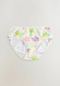 Tryckta bomullshipster med en krämfärgad bakgrund och färgglada blommönster i grönt, rosa och lila, samt en mjuk elastisk midjeband.