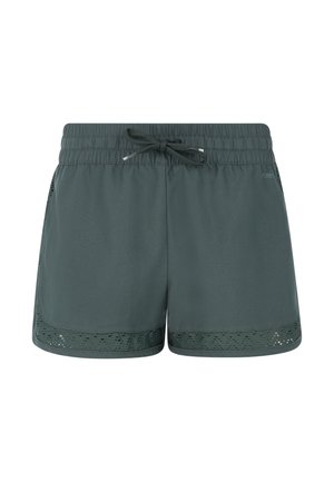 Groene sportieve shorts met een elastische tailleband, trekkoord en netdetails aan de zoom. Glad stof met een relaxed fit.