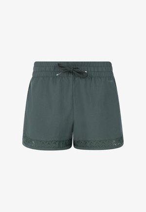 Groene sportieve shorts met een elastische tailleband, trekkoord en netdetails aan de zoom. Glad stof met een relaxed fit.
