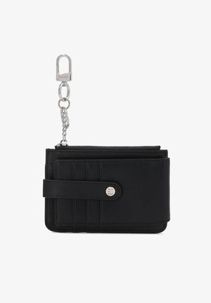 Black leather wallet with a silver clasp, featuring a zip closure, card slots, and a textured surface. Includes a detachable chain.