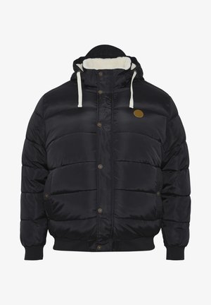 Giacca a vento nera con cappuccio, dotata di un morbido rivestimento in pile, chiusura frontale con bottoni a pressione, polsini a costine e una piccola patch con logo sul petto.