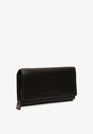 Dark brown leather wallet with a smooth texture, zippered closure, and a sleek rectangular design. Features embossed branding on the front.