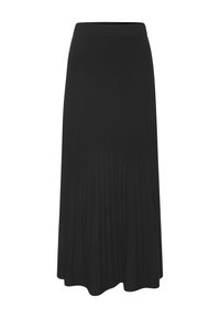 Gonna midi nera a pieghe realizzata in morbido tessuto. Presenta una vita liscia e una silhouette fluida. Ideale per un look casual o semi-formale.