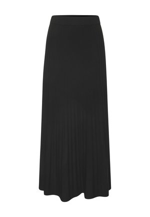 Schwarzer, plissierter Midirock aus weichem Stoff. Verfügt über einen glatten Bund und eine fließende Silhouette. Ideal für legere oder semi-formelle Anlässe.