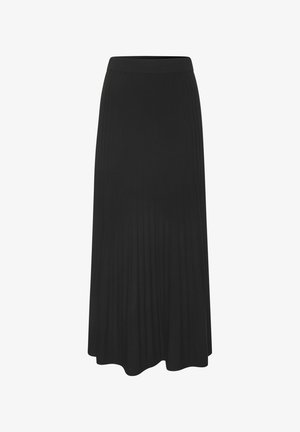 Schwarzer, plissierter Midirock aus weichem Stoff. Verfügt über einen glatten Bund und eine fließende Silhouette. Ideal für legere oder semi-formelle Anlässe.