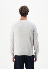 Mann mit welligem braunem Haar, der einen hellgrauen Langarmpullover und dunkle Hosen trägt und mit dem Rücken zu einem schlichten weißen Hintergrund steht.