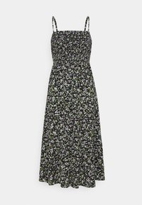 Svart midiklänning med blommigt tryck, med en smockad byst, tunna axelremmar och en utsvängd kjol. Tillverkad av lätt, andningsbart tyg.