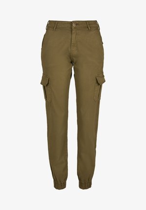 Olíva zöld cargo nadrág rugalmas mandzsettával, több oldalsó zsebbel és gombos záródással. Sima anyagból készült, laza szabású.
