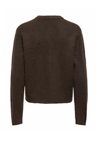 Pull en tricot marron foncé à manches longues avec un col rond, présenté de dos sur un fond blanc uni.