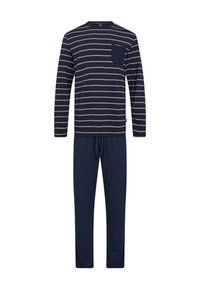 Navy and gray striped long-sleeve top with a chest pocket paired with solid dark blue pants, made from soft, comfortable fabric.