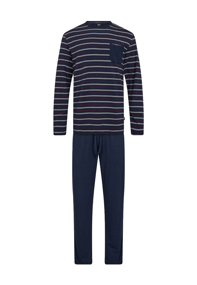 Navy and gray striped long-sleeve top with a chest pocket paired with solid dark blue pants, made from soft, comfortable fabric.