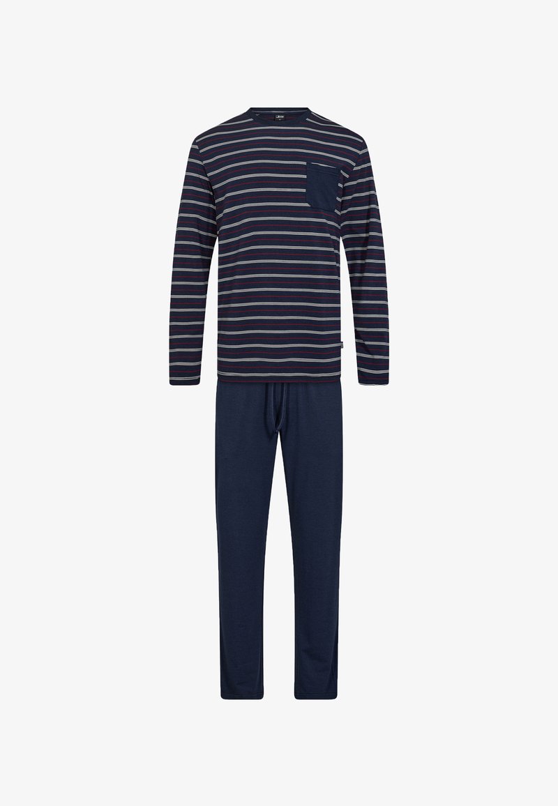 Navy and gray striped long-sleeve top with a chest pocket paired with solid dark blue pants, made from soft, comfortable fabric.