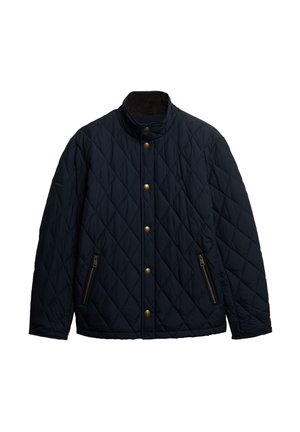 Navy quilted jacket with a high collar, featuring gold snap buttons and two zippered side pockets. Soft texture and insulated design.